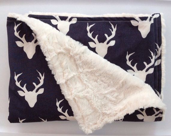 Woodland Deer Antler Baby Blanket Navy Buck Minky Outdoor Rustic Cabin Boy Nursery