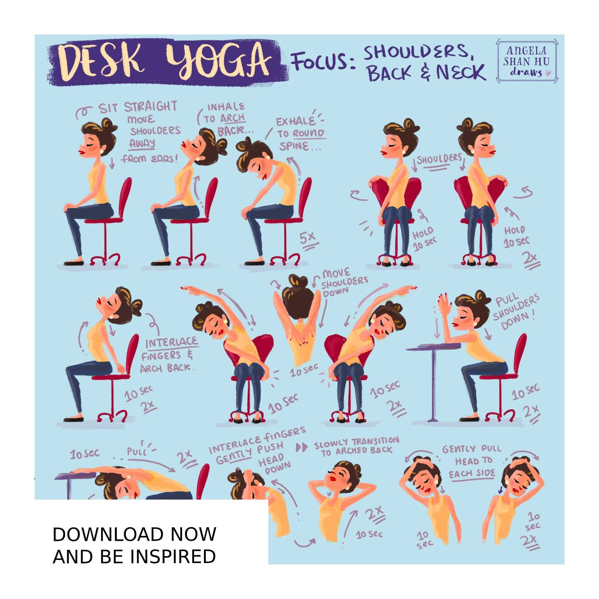 Desk Yoga Print - Blue | Yoga Pose Print | Home Office Print | WFH Print | Yoga Art | Yoga for Pain | Back Pain Office Workout Challenge, Desk Workout, Workout Schedule, Daily Workout, Workout Plan, Carpal Tunnel Exercises, Hip Flexor Exercises, Back Pain Exercises, Stretches