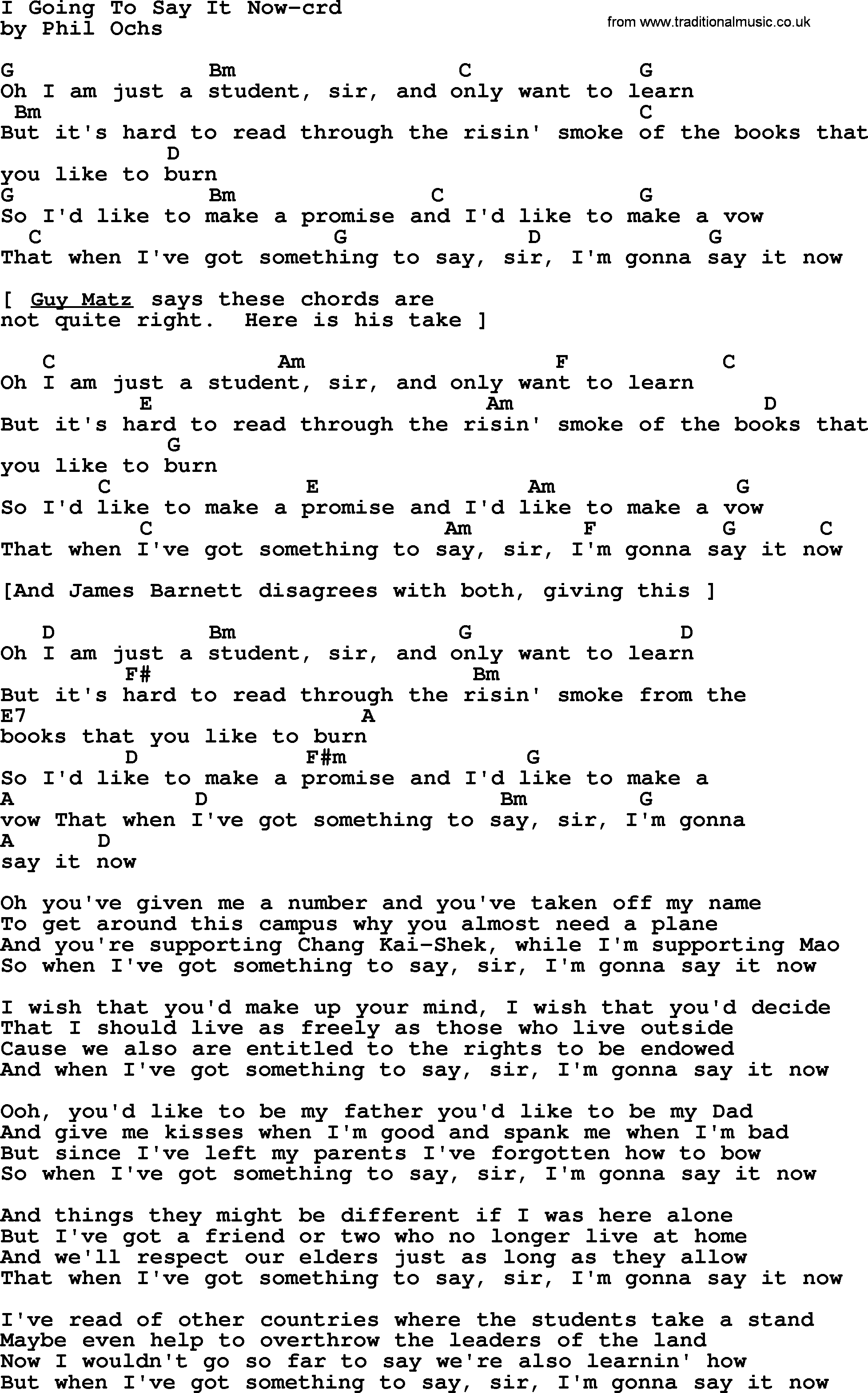 Phil Ochs Song I Going To Say It Now Lyrics And Chords Lyrics And Chords Sayings Lyrics