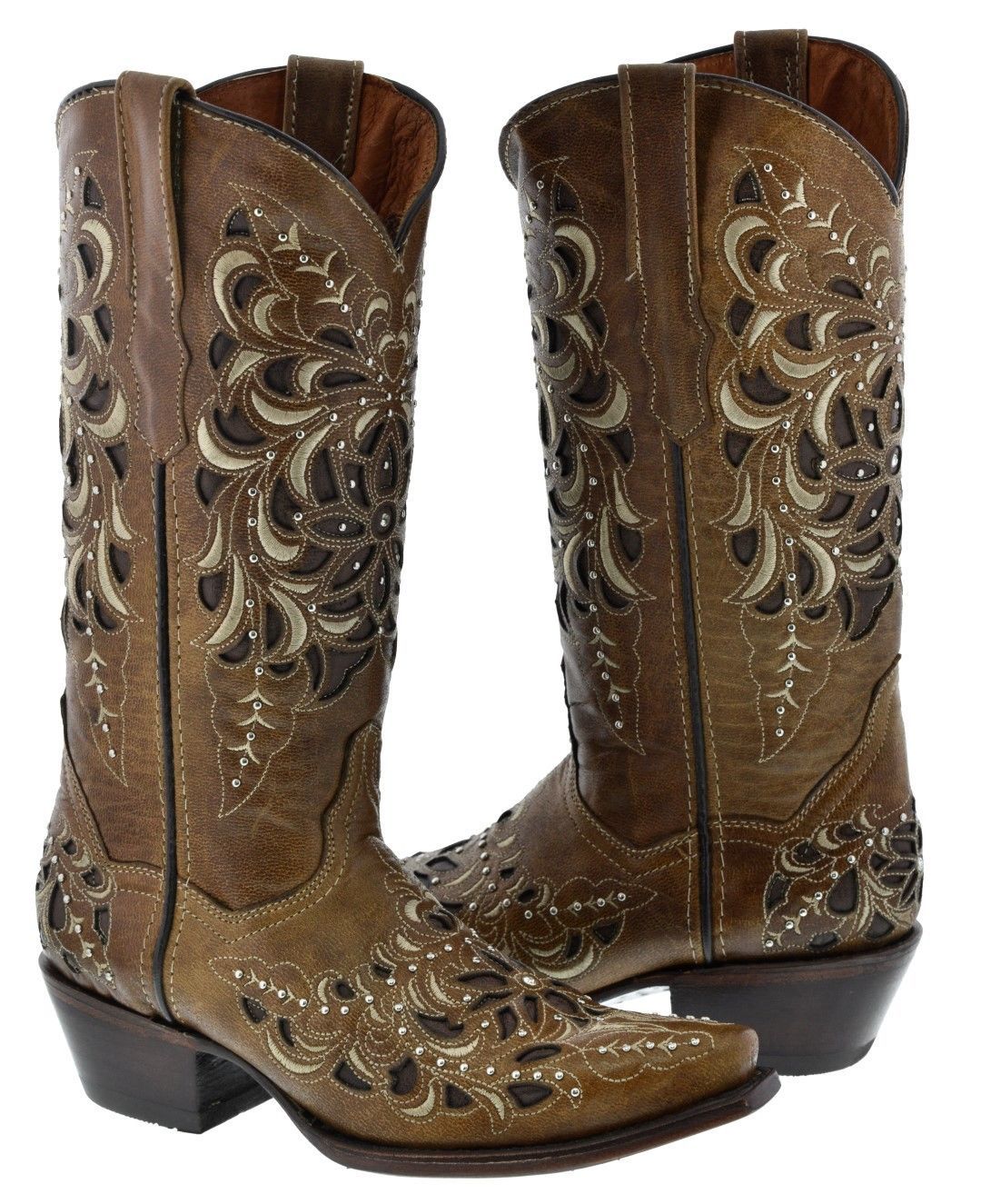 Women's Light Brown Inlay Rose Design Embroidered Cowgirl Western Boots Snip Toe Women's Light Brown Inlay Rose Design Embroidered Cowgirl Western Boots Snip Toe