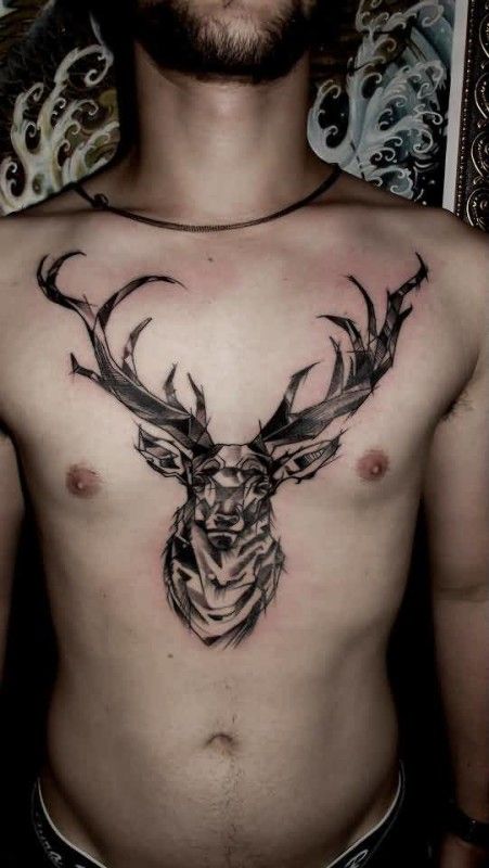 Black Outline Deer Tattoo On Man Chest Deer Tattoo Stag Tattoo Tattoos For Guys
