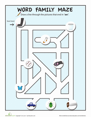 Picture Word Maze " aw" Worksheet