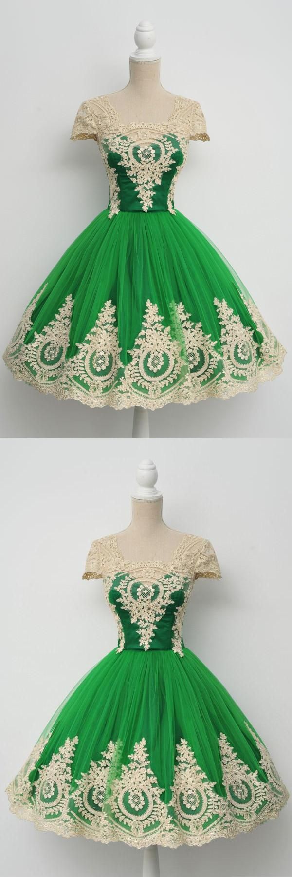Cap Sleeves Lovely Green Unique Applique Short Homecoming/Prom Dresses Prom Dres...