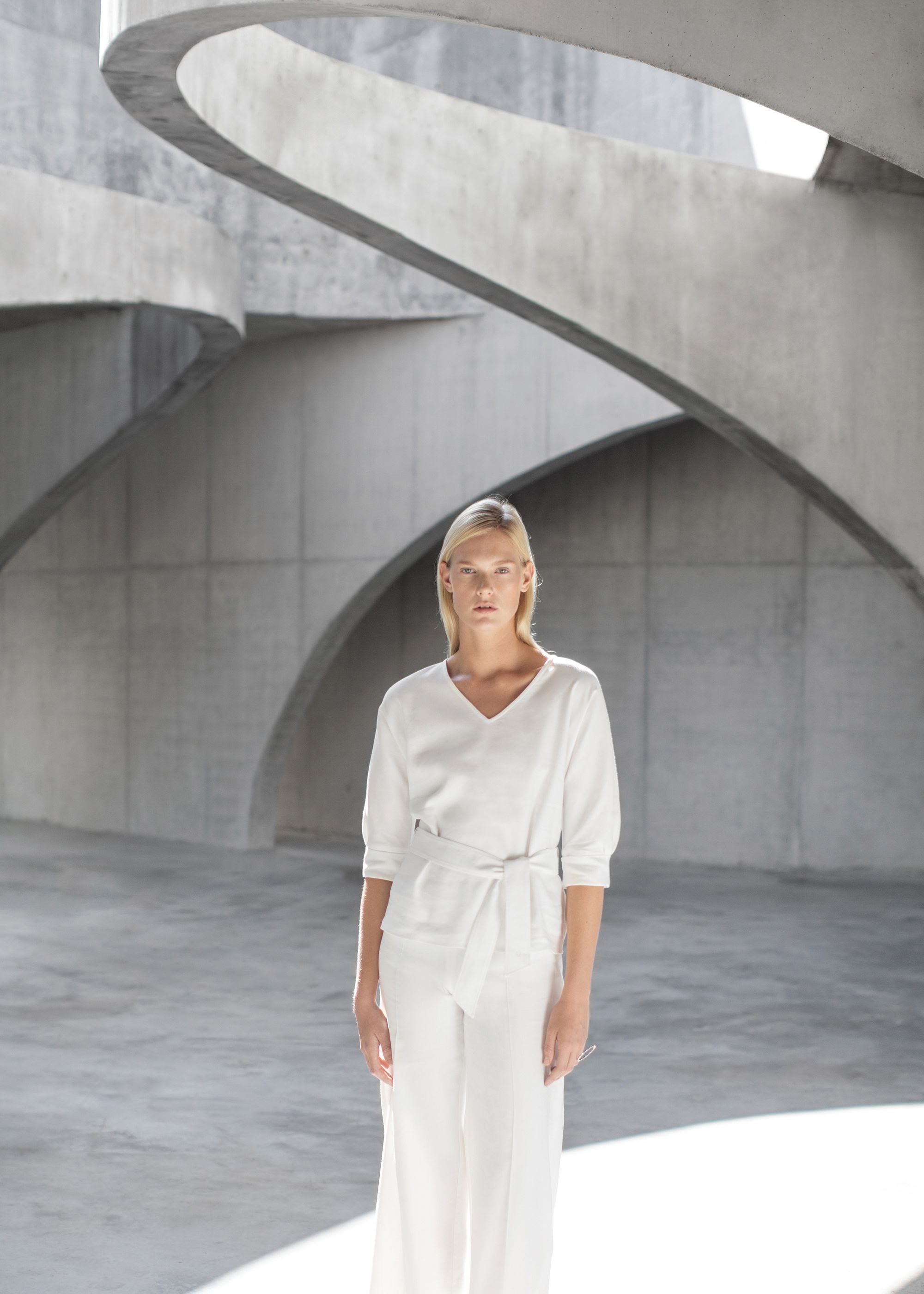 Bellini Blouse | Torro Trousers | Furore | Light V-neck Blouse | Top | Belt | White | Basics | Classy Outfit | All-white Outfit | Co-ords | Monochrome | Slow Fashion | Timeless | Campaign shoot | Photography | Editorial | Architecture Monochrome Fashion, White Fashion, Minimal Fashion, Fashion Photography Poses, Fashion Photography Inspiration, Moodboard, Fashion Shoot, Editorial Fashion, Business Fashion Professional