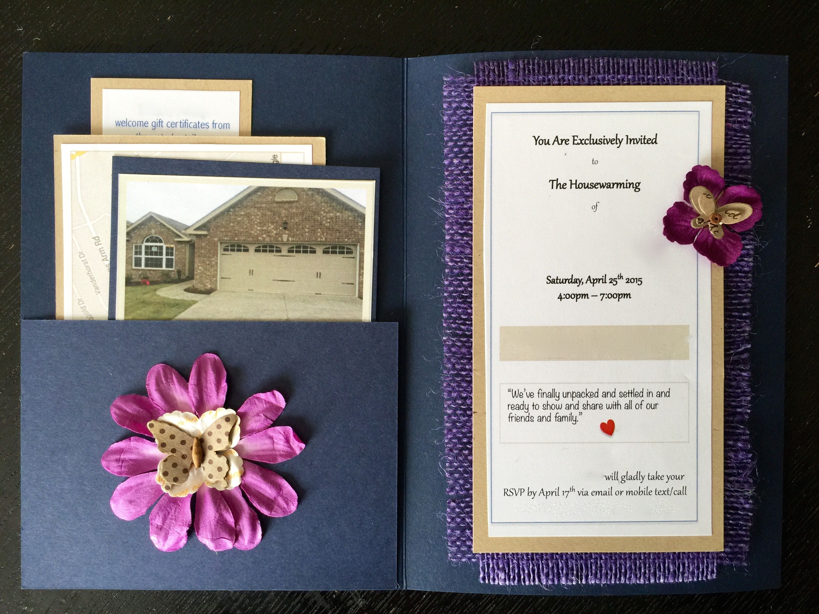 blue and purple housewarming invitation with three inserts