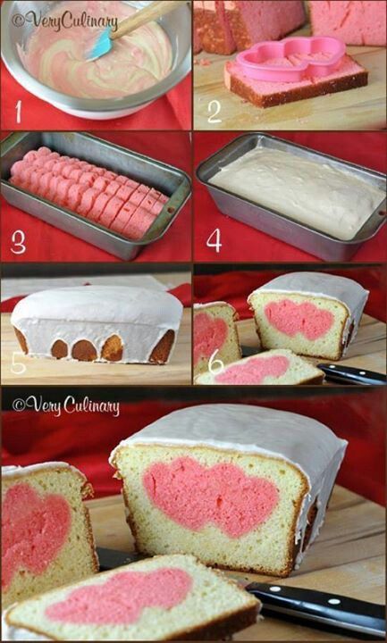 heart Cake. You can do any shape like this! Valentines surprise bread. i have a pumpkin one at the bottom Valentines Day Treats, Holiday Treats, Holiday Recipes, Valentine Cake, Valentines Surprise, Valentine Heart, Christmas Surprise, Unique Valentines, Saint Valentine