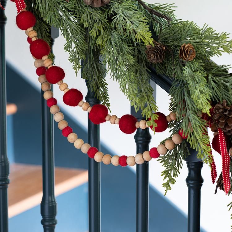 vintage Christmas rustic garland for tree Country primitive Christmas decor red wood bead garland