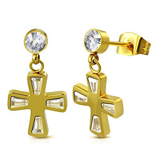 pair Stainless Steel Flower Long Drop Stud Earrings with Clear CZ