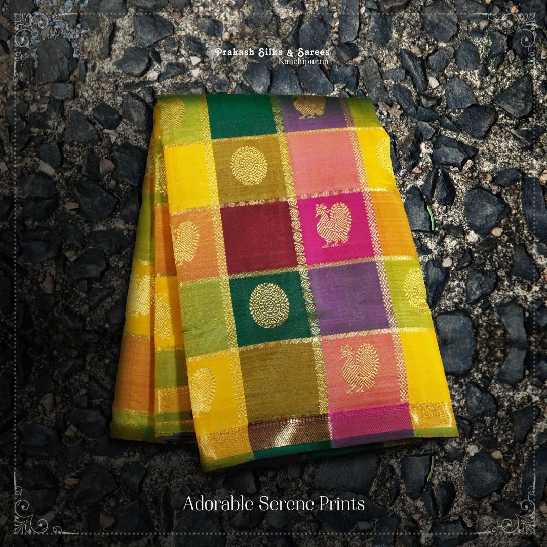 prakash_silks_and_sarees An artistic drape for every occasion completes in this multi colour saree of peacock and coin design. Look splendid in this simple small border and a contrast magenta blouse. Body - multicolor, zari checks, peacock, coins design Border - thick small border, Blouse - plain magenta contrast Pallu - peacock, mango, rudraksha, thick pallu. Pure silk and pure zari Prakash Silks, Traditional Silk Saree, Study Room Decor, Coin Design, Silk Cotton Sarees, Western World, Kanchipuram Saree, South Indian Bride, Silk Sarees Online