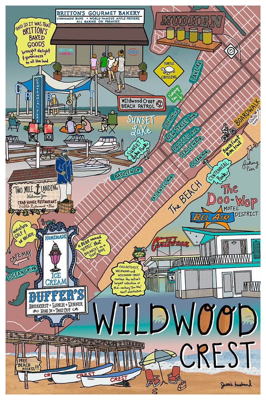 Map of Wildwood Crest New Jersey Beach Town NJ Beaches Etsy