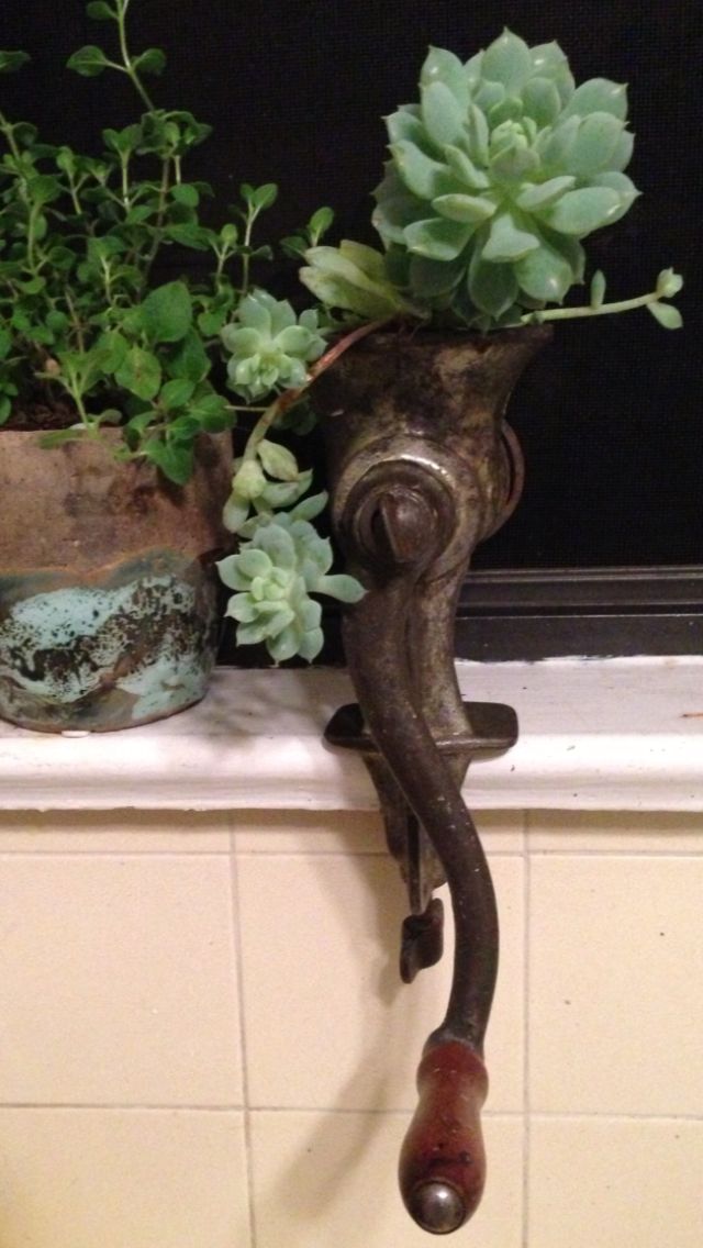 An idea I got from my hair salon.... meat grinders for planters.