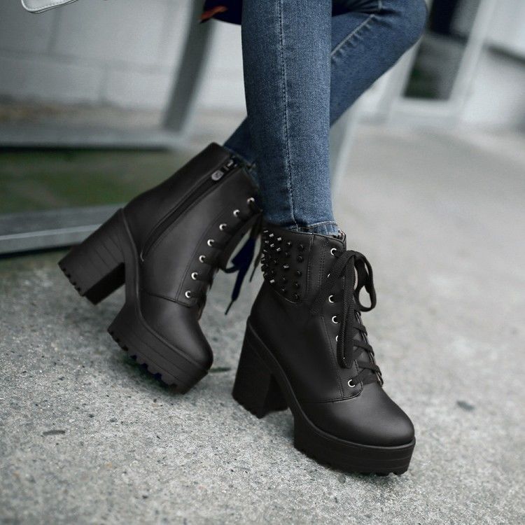 LADIES WOMENS CHUNKY BLOCK PUNK GOTH RETRO GRUNGE ANKLE CROC ZIP SHOES BOOTS SZ