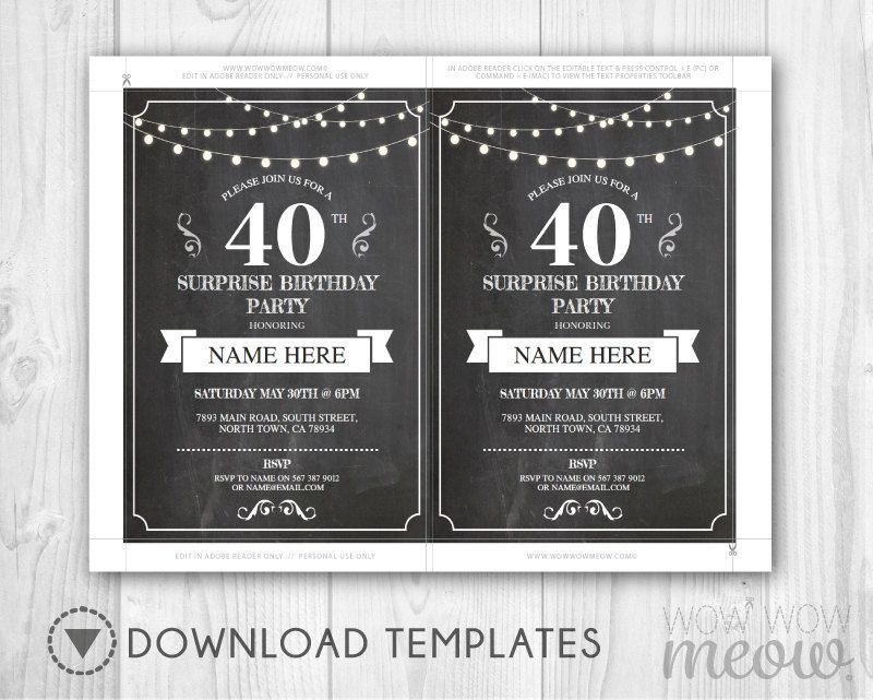 40th surprise birthday invite chalk party invitation forty 40