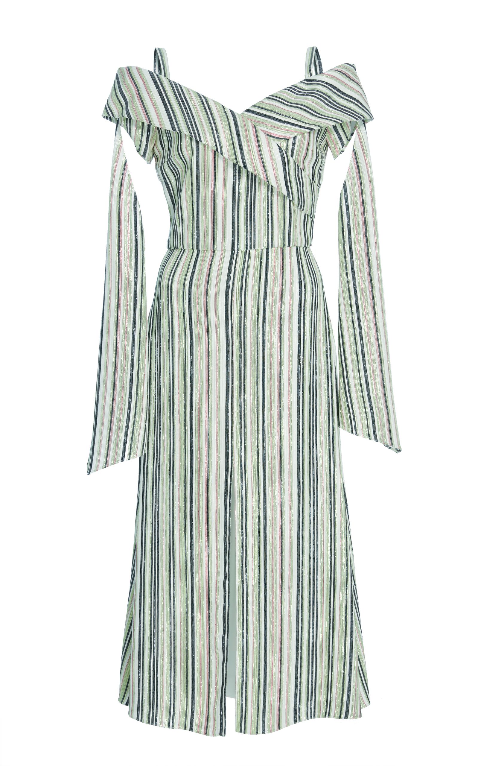 Christian Siriano Metallic Stripe Off The Shoulder Cross Bodice Dress #Christiansiriano # Christian Siriano Metallic Stripe Off The Shoulder Cross Bodice Dress #Christiansiriano #