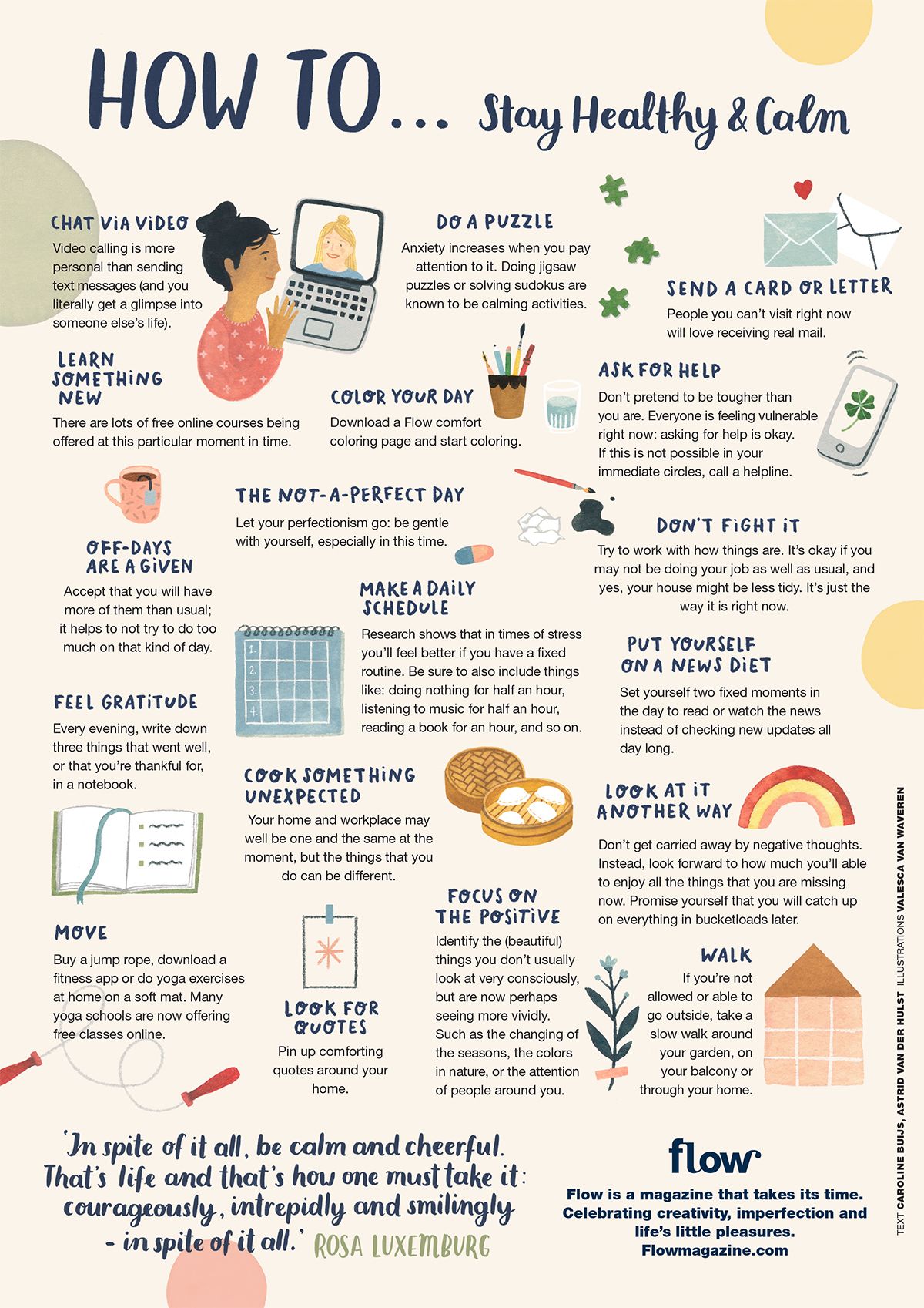 Poster: How to stay healthy & calm - Flow Magazine Healthy Mind, Healthy Habits, How To Stay Healthy, How To Become Healthier, How To Stay Calm, Healthy People, Healthy Lifestyle Tips, How To Stay Motivated, Calming Activities