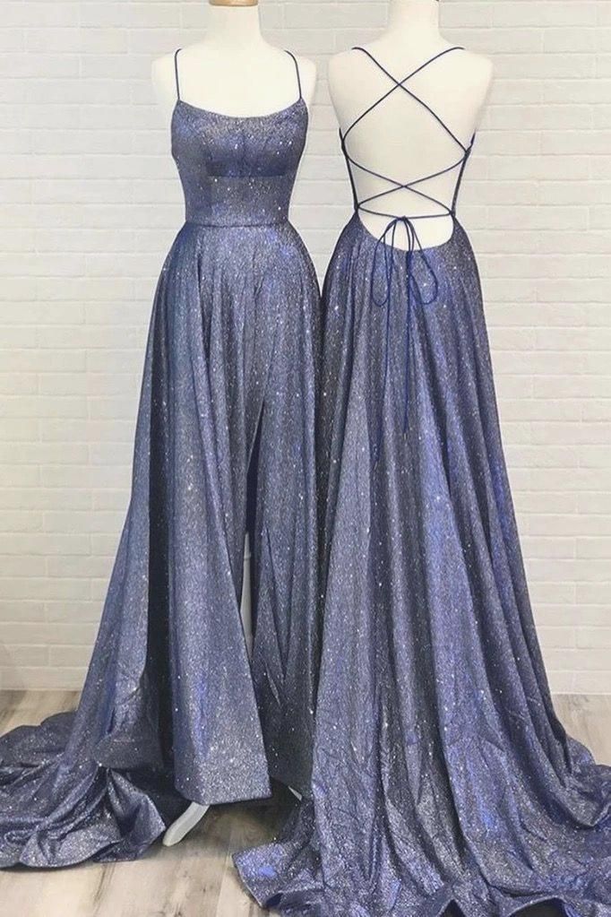 Einfache blaue Satin Sweep Zug rückenfrei schnüren Abendkleid, Abendkleid von ...