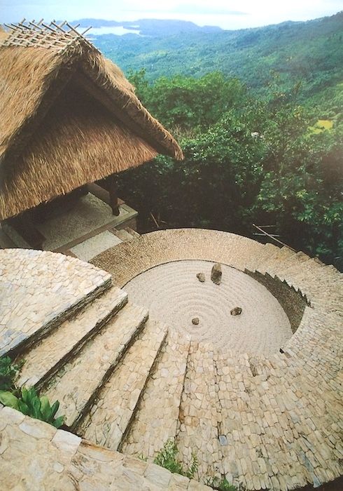 This house, on the island of Mindoro (The Philippines), was designed by Noel Saratan. Stones have been used to pave this spectacular staircase, which was probably inspired by the architecture of old Spanish citadels, and which encloses a sand spiral of Zen inspiration. The simplicity of the construction is in perfect harmony with the landscape. --- "Tropical Garden Design" by Made Wijaya Contemporary Architecture, Landscape Architecture, Architecture Design, Philippine Architecture, Philippines House Design, Philippine Houses, Mindoro, Tropical Garden Design, Stairway To Heaven