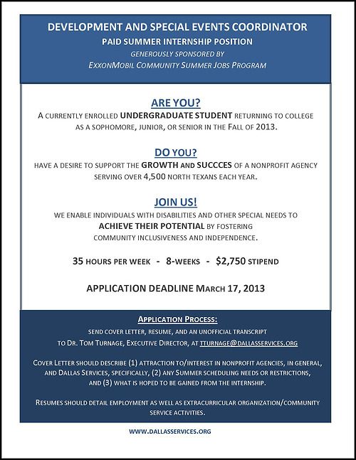 Paid Nonprofit Internship With Dallas Services Summer Jobs Inspiring Business Special Events Coordinator