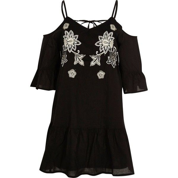 River Island Black embroidered cold shoulder dress ($90) liked on ...