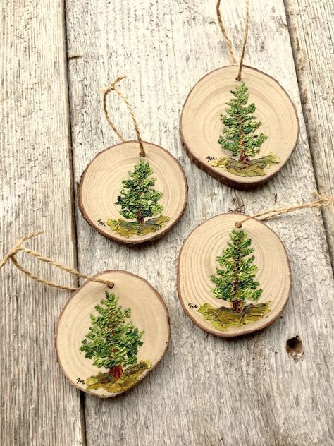 Ornament Painting, Pine Tree Decor, Rustic Christmas Ornaments, Stocking Stuffer for Women, Tree Painting on Wood, Wood Slice Art #bastelideenweihnachtenkinder Painted Wood Ornament. Debramarieart.etsy.com #rusticchristmas