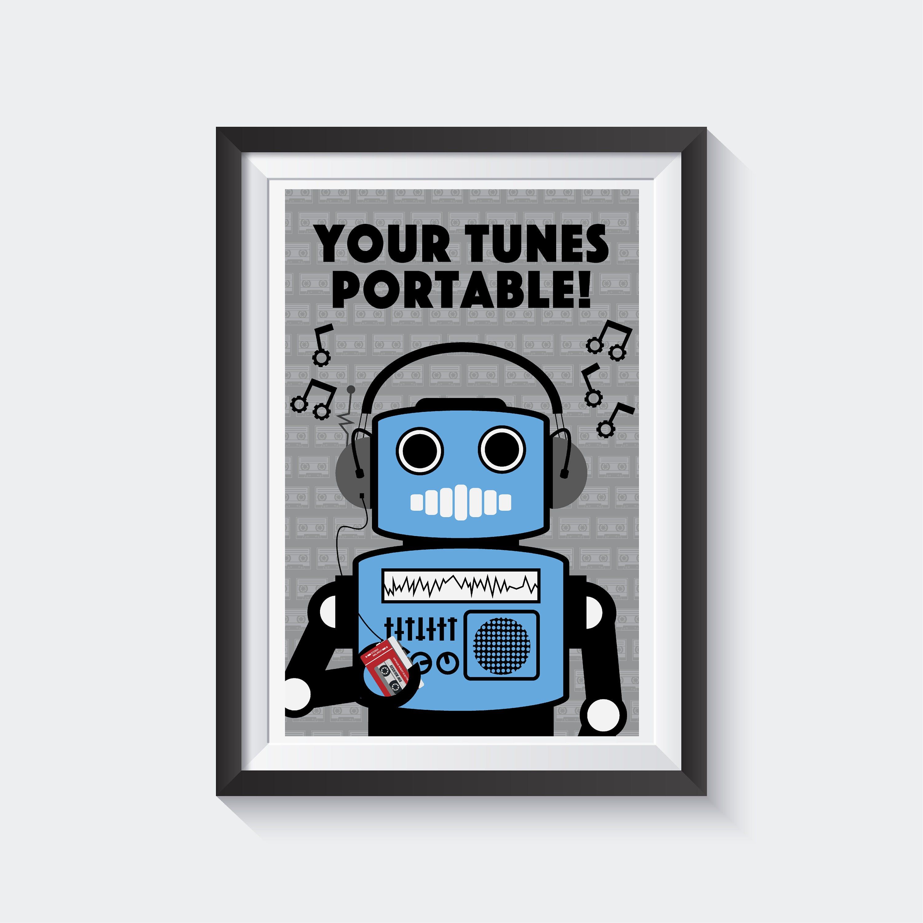 Your Tunes Portable Robot Print Music Print Etsy Robot Print Vintage Robots Music Print