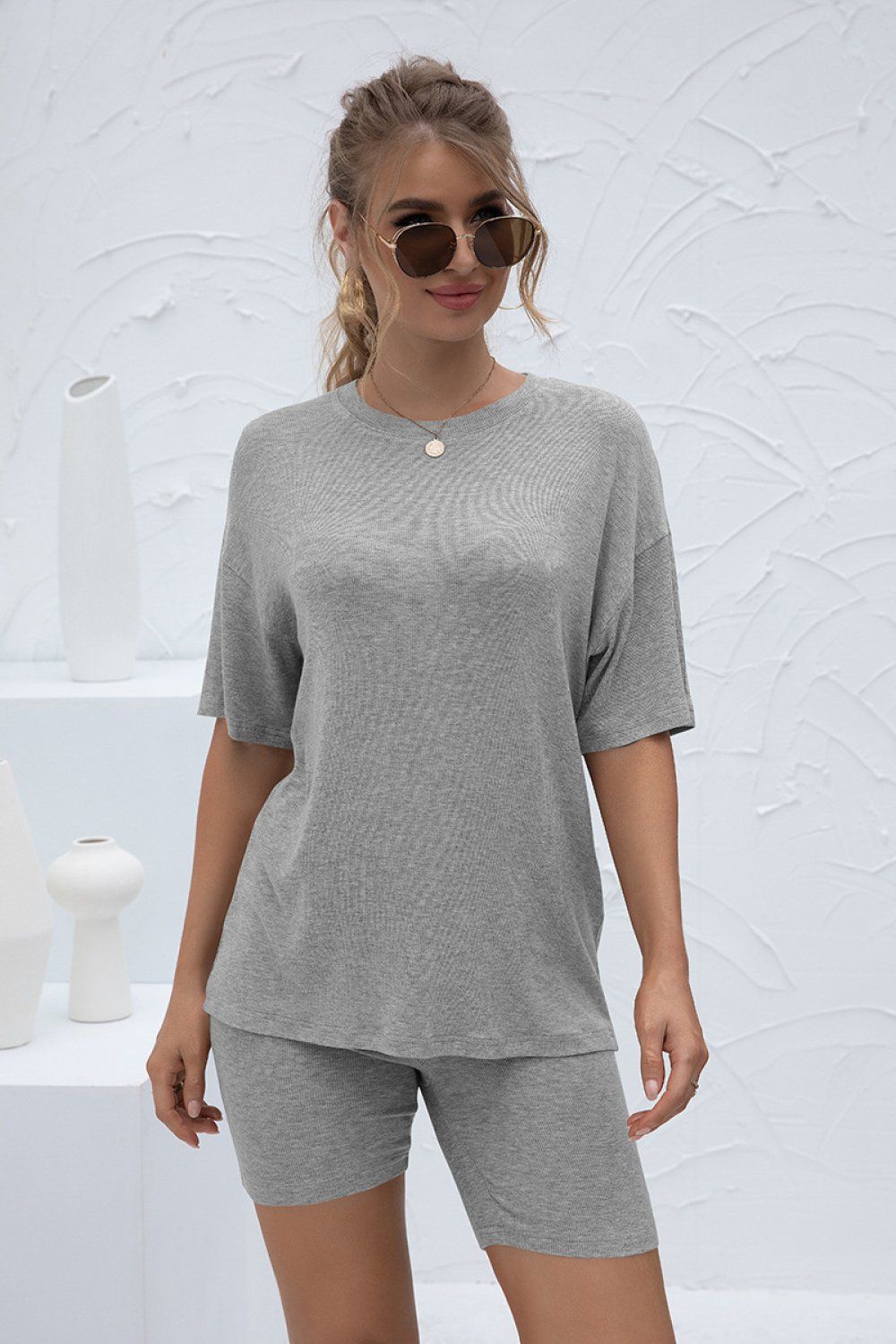 Plus Size Round Neck Short Sleeve and Pants Set - Light Gray / 2XL