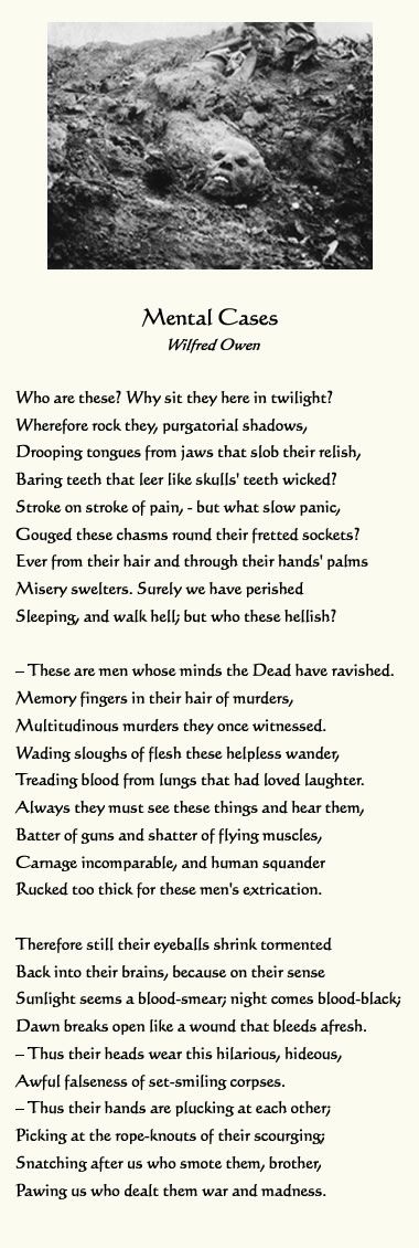 Download Mental Cases By Wilfred Owen Wwi Poetry This Poem Is About What Was Called Shell Shock In His Day But We No Wilfred Owen Contemporary Poetry Shocking Quotes