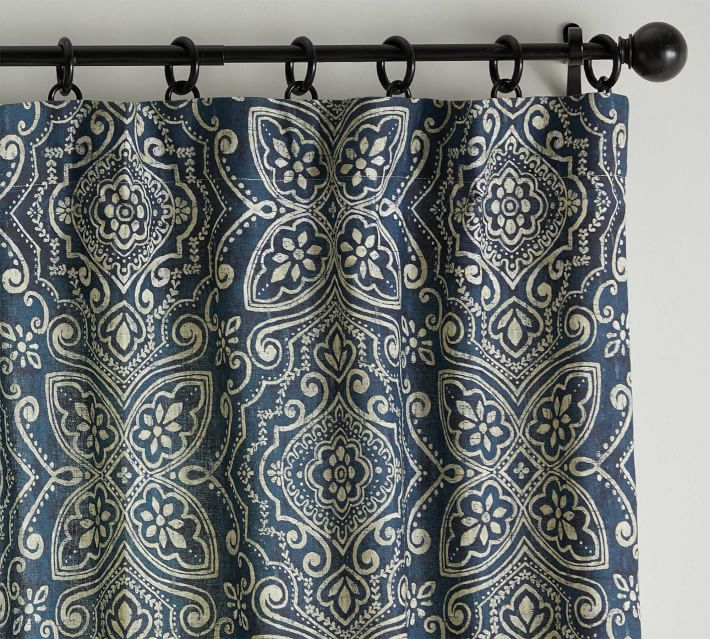 Emina Print Linen Cotton Rod Pocket Curtain Curtains Printed Pottery Barn Rod Pocket Curtains Printed, Blackout Curtains Blue Pattern