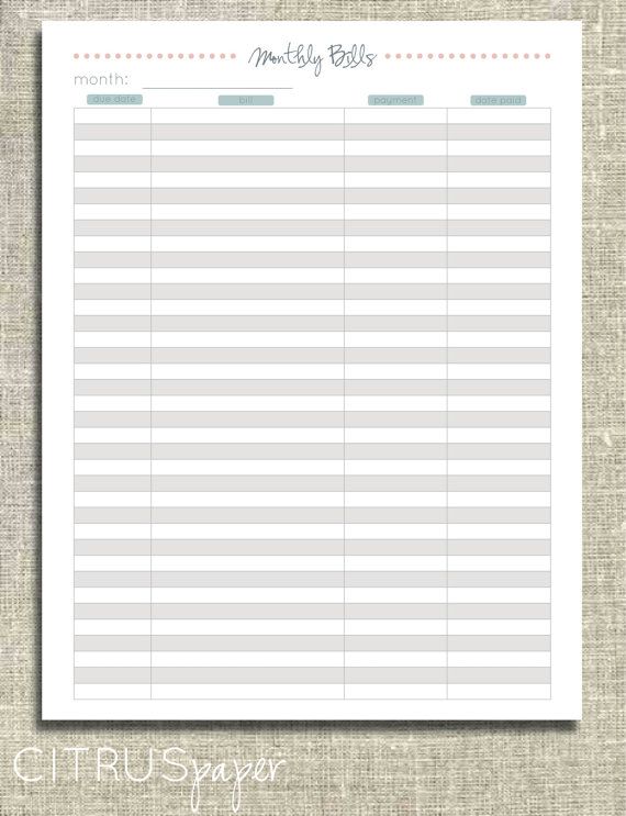 monthly bill payment log organization printables pinterest
