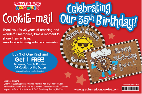 Great American Cookies B3G1 Free Printable Coupon Free printable Great American Cookies B3G1 Free Printable Coupon Free printable