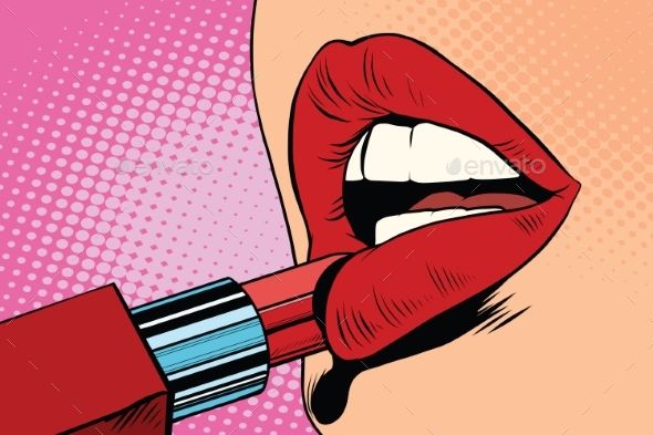 Girl Paints Her Lips With Red Lipstick Makeup Pop Art