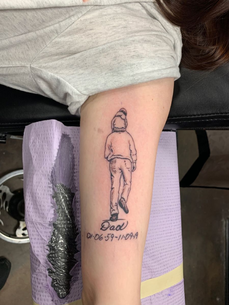 Dad memorial tattoo, his writing, our picture (With images