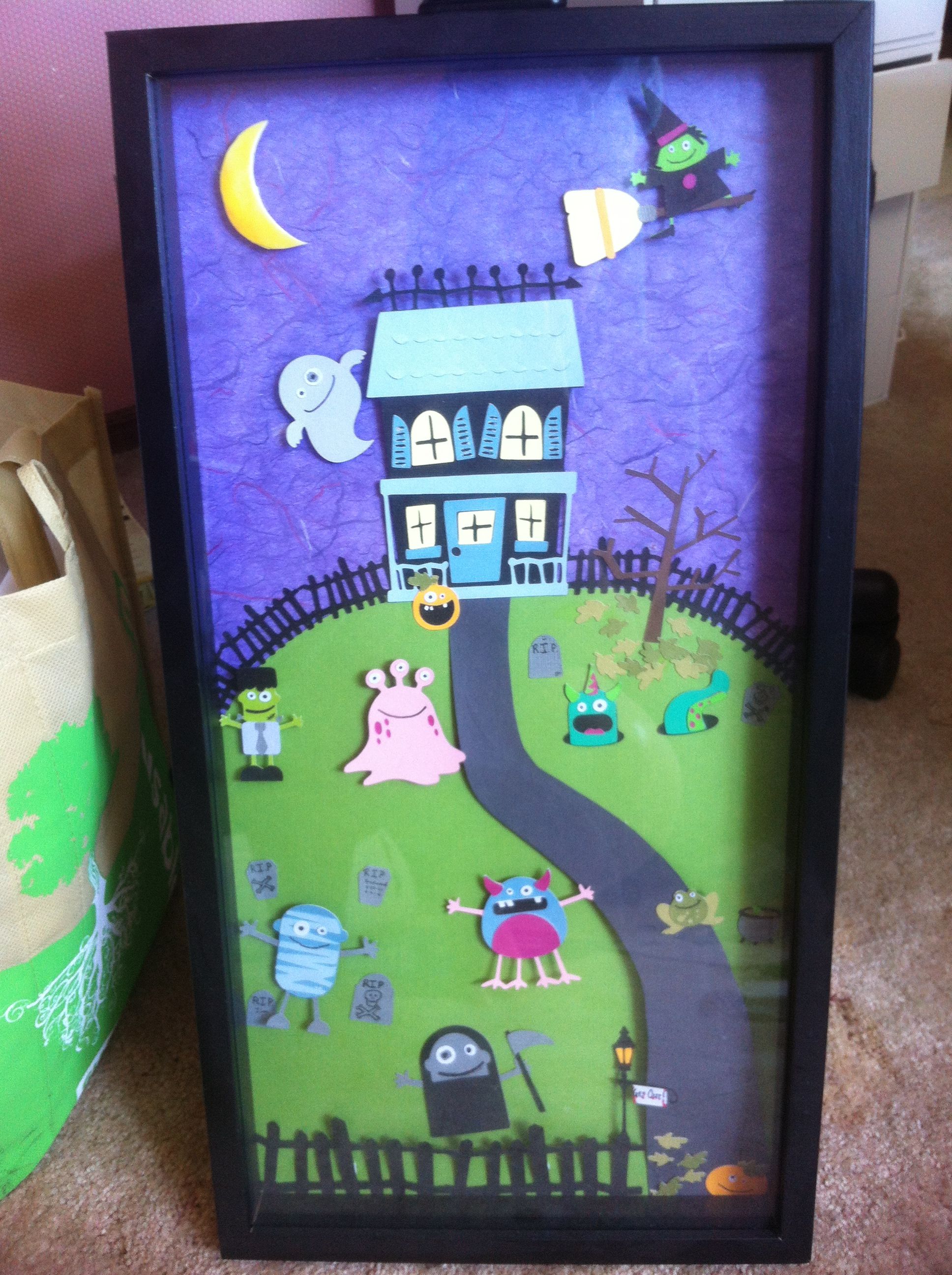 Cricut mini monsters Halloween decoration inside a shadow box frame - classroom door halloween decorations Cricut mini monsters Halloween decoration inside a shadow box frame - classroom door halloween decorations