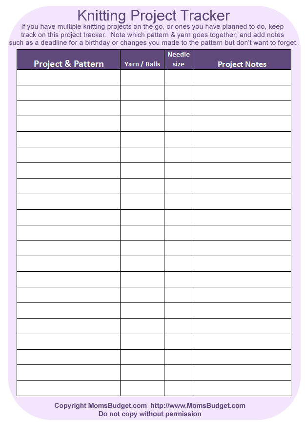 knitting project tracker free printable worksheet from momsbudget