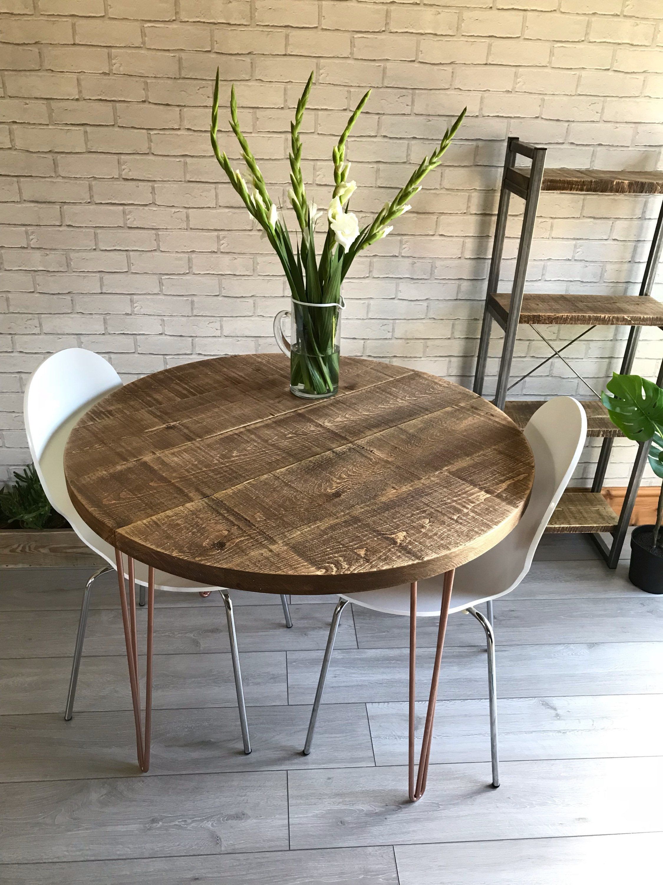 Round Rustic Industrial Dining Table With Copper Hairpin Legs
