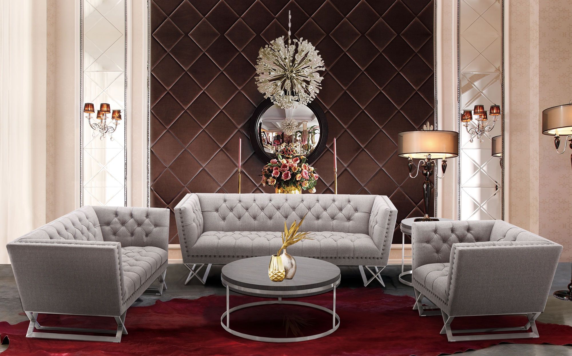 Odyssey contemporary grey fabric steel nailhead living room set