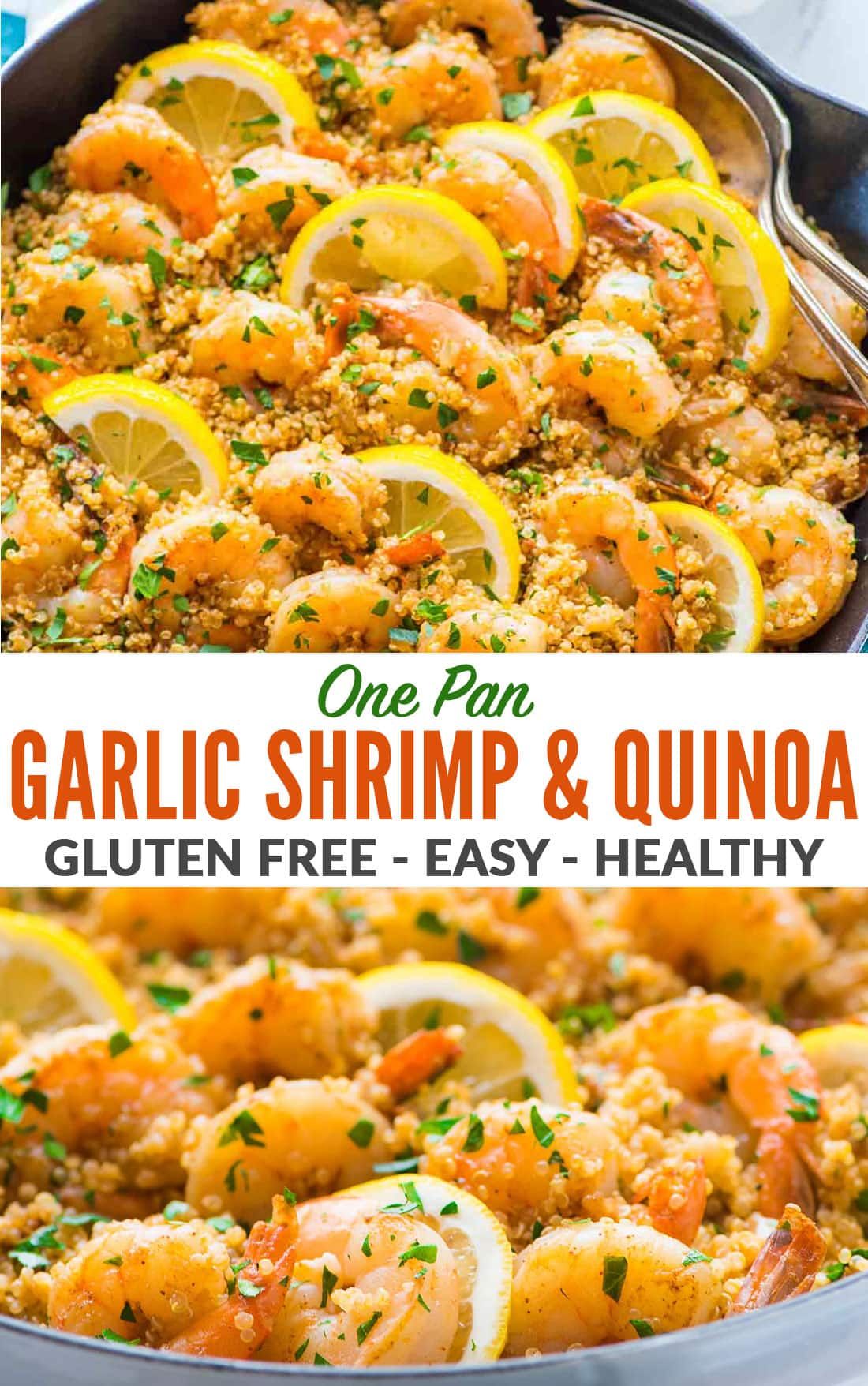 Garlic Shrimp with Quinoa—Easy, quick, and delicious! Healthy recipe with fresh lemon and garlic. Not too spicy with lots of flavor. A one pan meal that every one loves! Gluten free and perfect for busy families. #wellplated #garlicshrimp #shrimp #onepan via @wellplated #garlicshrimprecipes