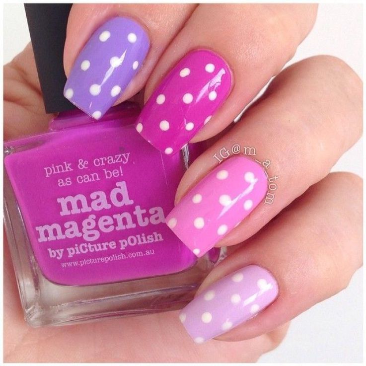 nail-design-with-polka-dots2 Unique Nails, Creative Nails, Dots Nails, Pink Nails, Gradient Nails, Gorgeous Nails, Pretty Nails, Polka Dot Nail Art, Polka Dots
