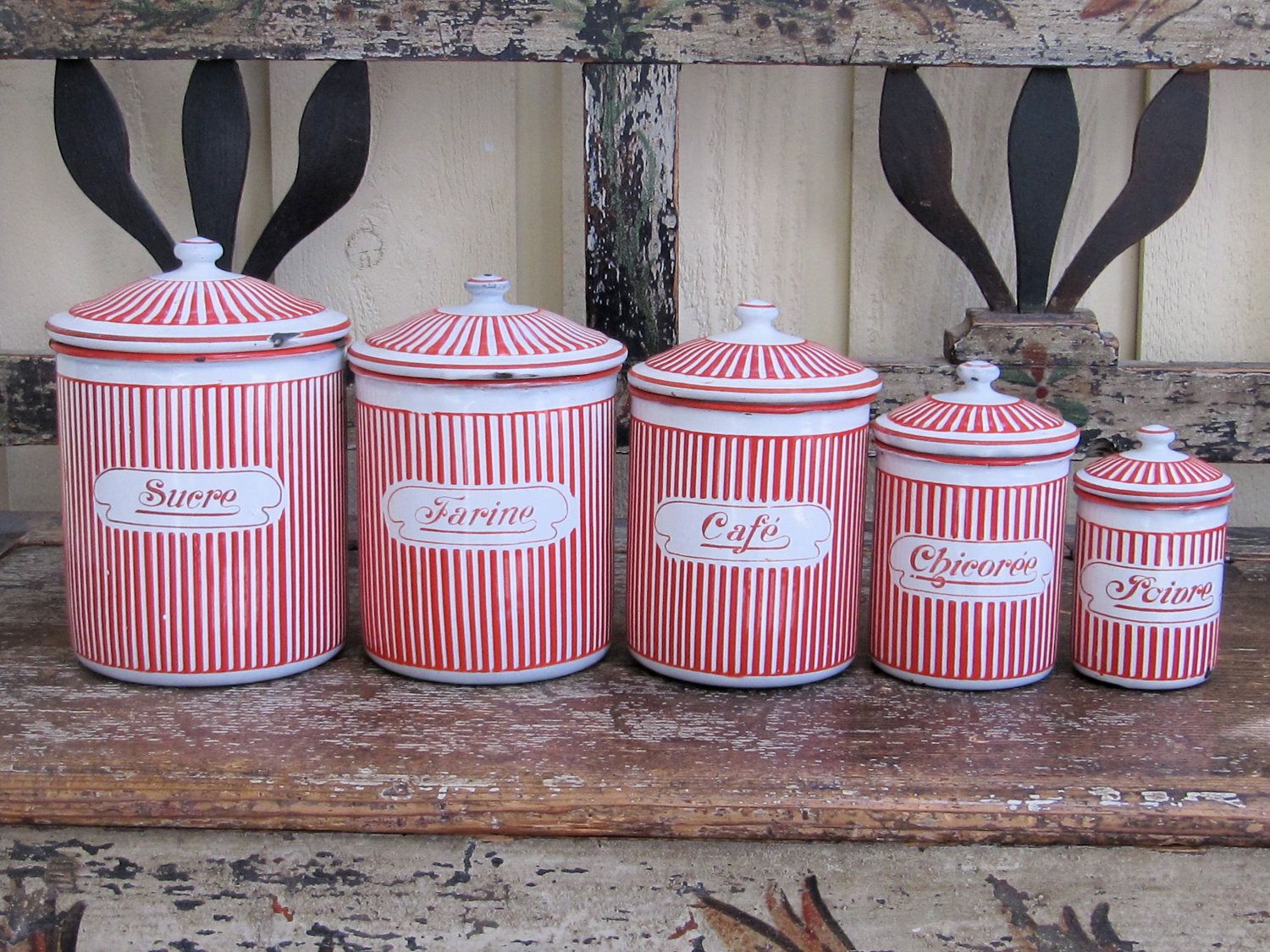 Vintage red and white striped canister set French enamelware Etsy Enamelware, Vintage