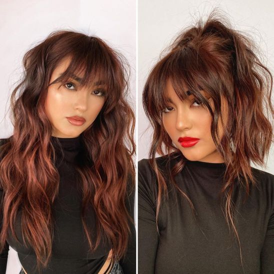 13. Shaggy Parted Hair. If you want your face to look slim head-on, grow your hair out and style loose, “barely there” waves to create a natural frame for your face. Natural Wavy Hair, Long Wavy Hair, Big Hair, Shaggy Hair, Thick Hair Bangs, Natural Hair Color, Straight Hair, Hairstyles For Round Faces, Modern Hairstyles
