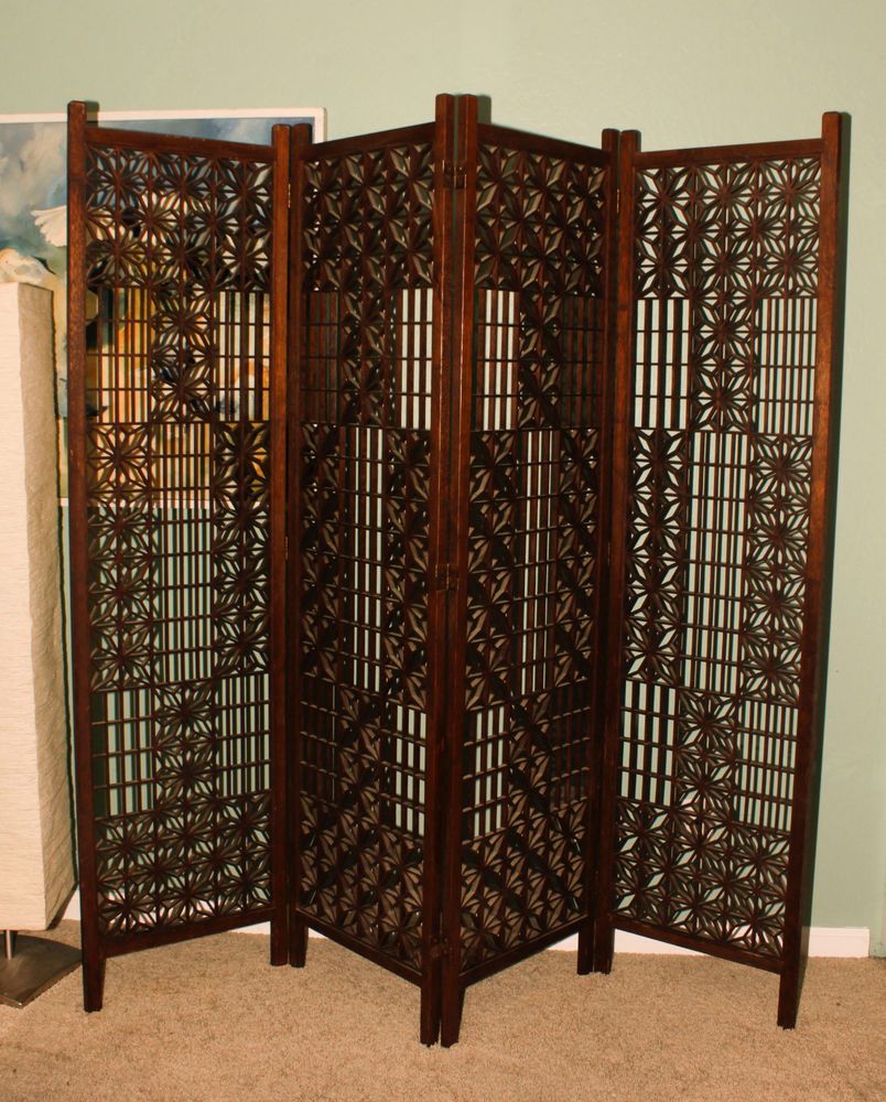 Mid Century Teak Wood Screen Asian Room Divider 4 Panels Vintage Mid Century Teak Wood Screen Asian Room