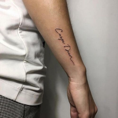 As more men are looking to get tatted, it is easy to find those who prefer to have something special. Seeing as a tattoo may be something placed in the open and people may see it ever so often, many people have opted to have a form of secrecy. What would be a better idea other than having one in a language that is not so obvious – Latin.If you love to live in the present and believe that every fleeting moment should be lived to the fullest then this is one of the best Latin tattoo ideas for you. Wrist Tattoos Quotes, Tattoo Quotes For Men, Wrist Tattoos For Guys, Small Tattoos For Guys, Cool Small Tattoos, Trendy Tattoos, Tattoos For Women, Mens Wrist Tattoos, Small Forearm Tattoos