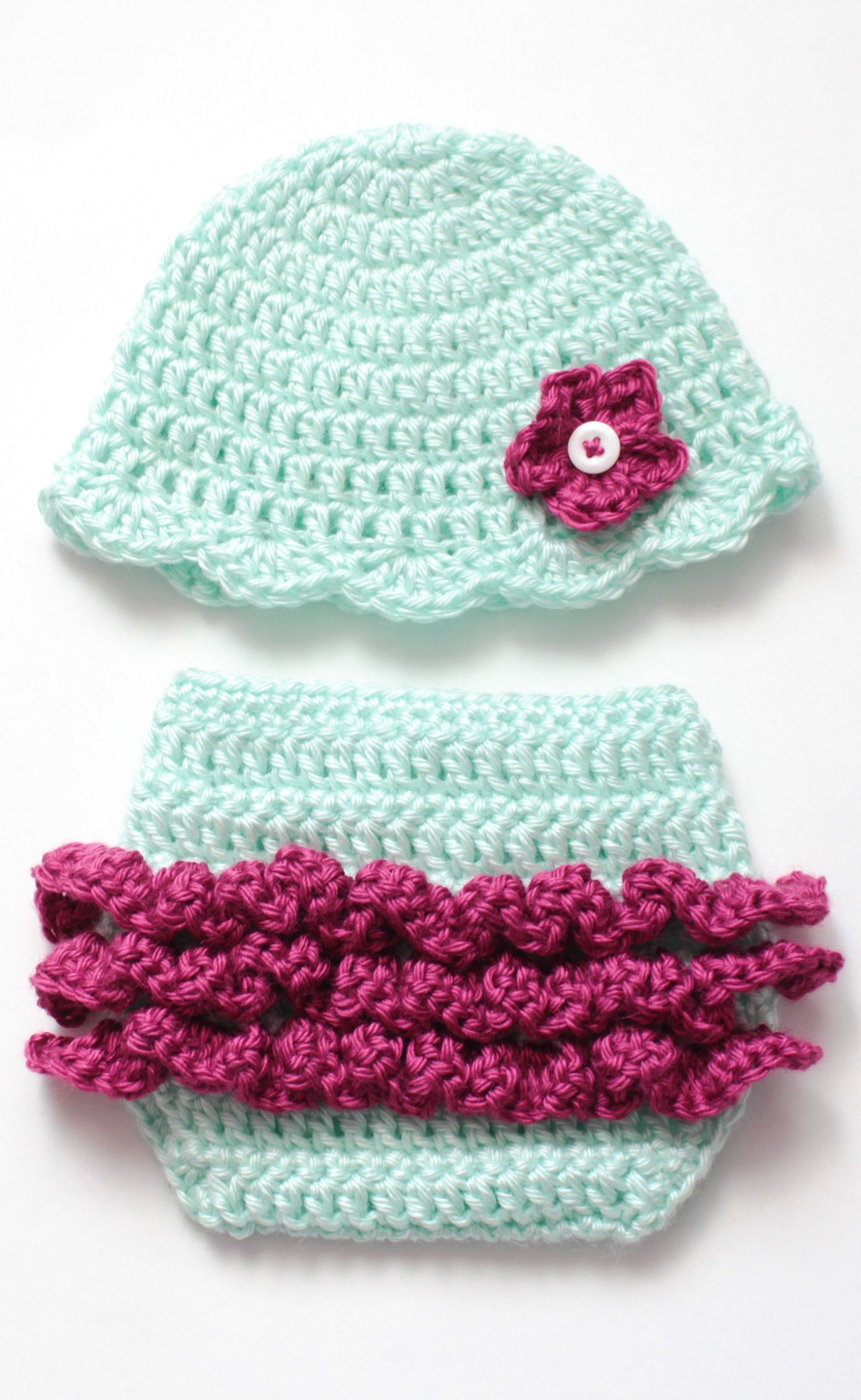 baby girl crochet ruffle diaper and hat with flower photo outfit