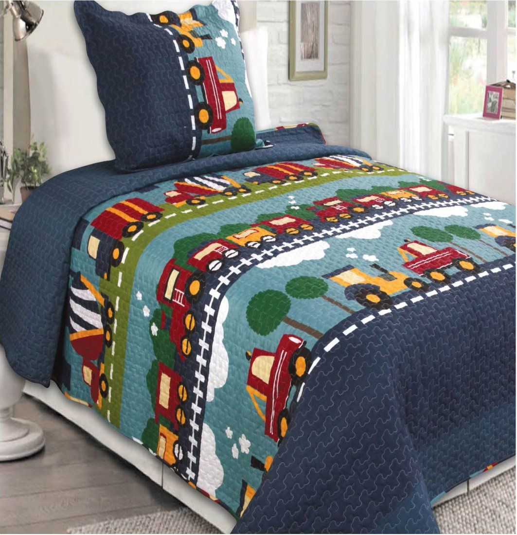 Luxury Home Collections Kids 2 Piece Dinosaur Twin Size Bedspread Quilt Set for Boys Navy Blue Green Red