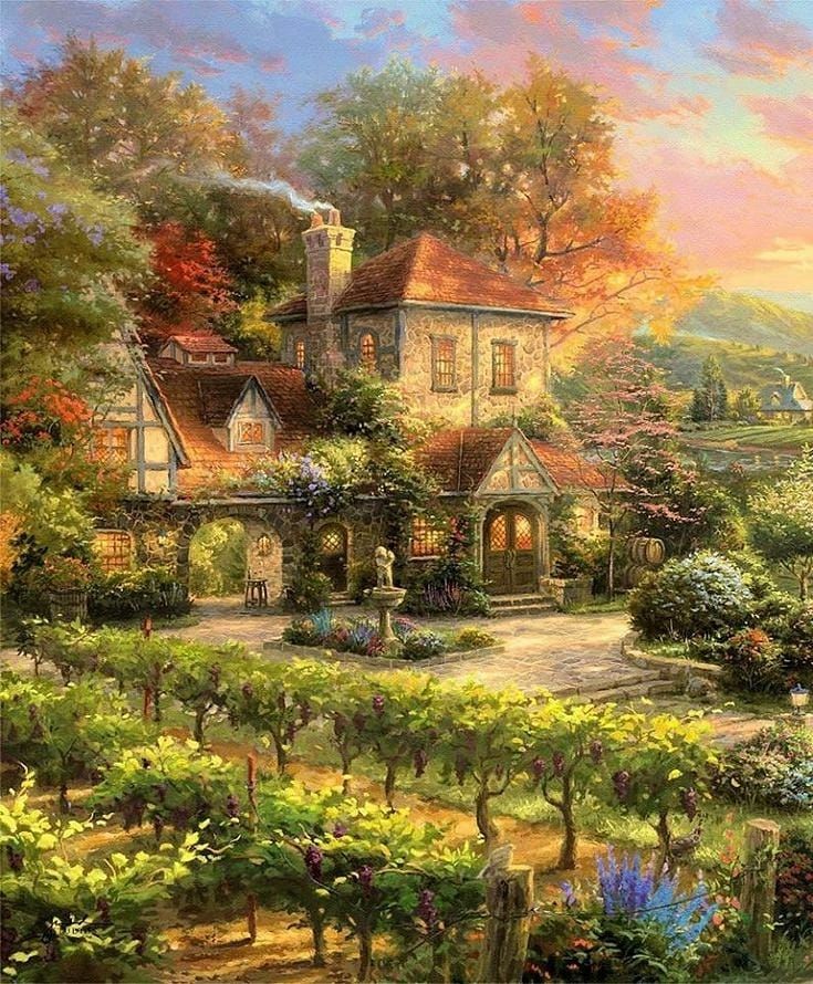 @artlovequay on Instagram: “Thomas Kinkade #posimpressionismo #pintura #decoracao #quadros #santhatela #joaquinsorolla #renoir #mixedmedia #artforeveryone…” Thomas Kinkade Cottage, Thomas Kinkade Art, Thomas Kinkade Paintings, Thomas Kinkade Puzzles, Fantasy Art Landscapes, Fantasy Landscape, Landscape Art, Landscape Paintings, Oil Paintings