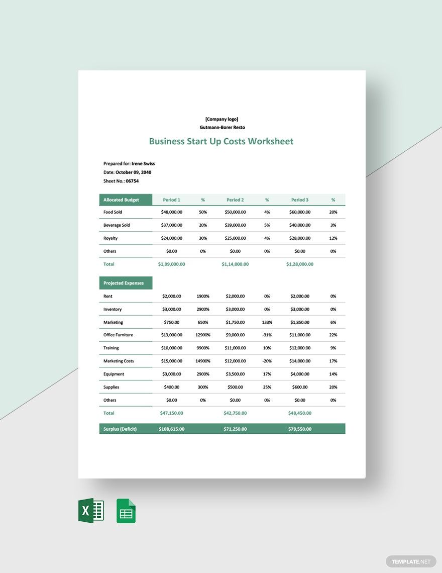 Business Start Up Costs Worksheet Template - Download in Word, Google