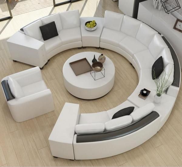 Modern Curved Top Grain Round Leather Sofa Set Living Room Furniture Design Leather Sofa Living Room, Round Shaped Couches
