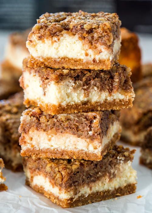 Southern Pecan Pie Cheesecake Bars | These pecan pie bars will be the hit of your Thanksgiving feast! Pecan Desserts, Pecan Recipes, Decadent Desserts, Bars Recipes, Just Desserts, Delicious Desserts, Amish Recipes, Healthy Recipes, Southern Recipes