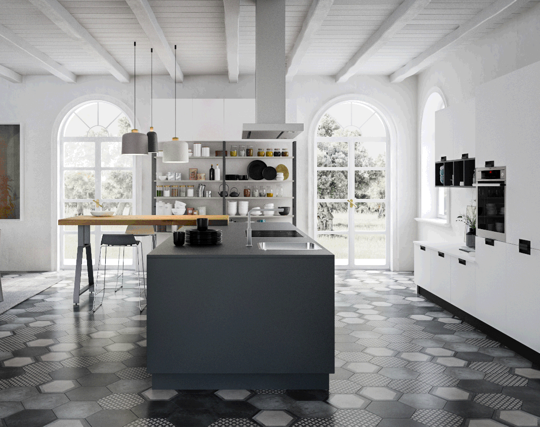 Cuisine Noir Mat Et Blanc Mat Table En Bois Carreaux Ciment Lot Cuisine Ilot Central Evier Et Table ~ Cuisine Noir Mat Et Blanc Mat Table En Bois Carreaux Ciment Lot