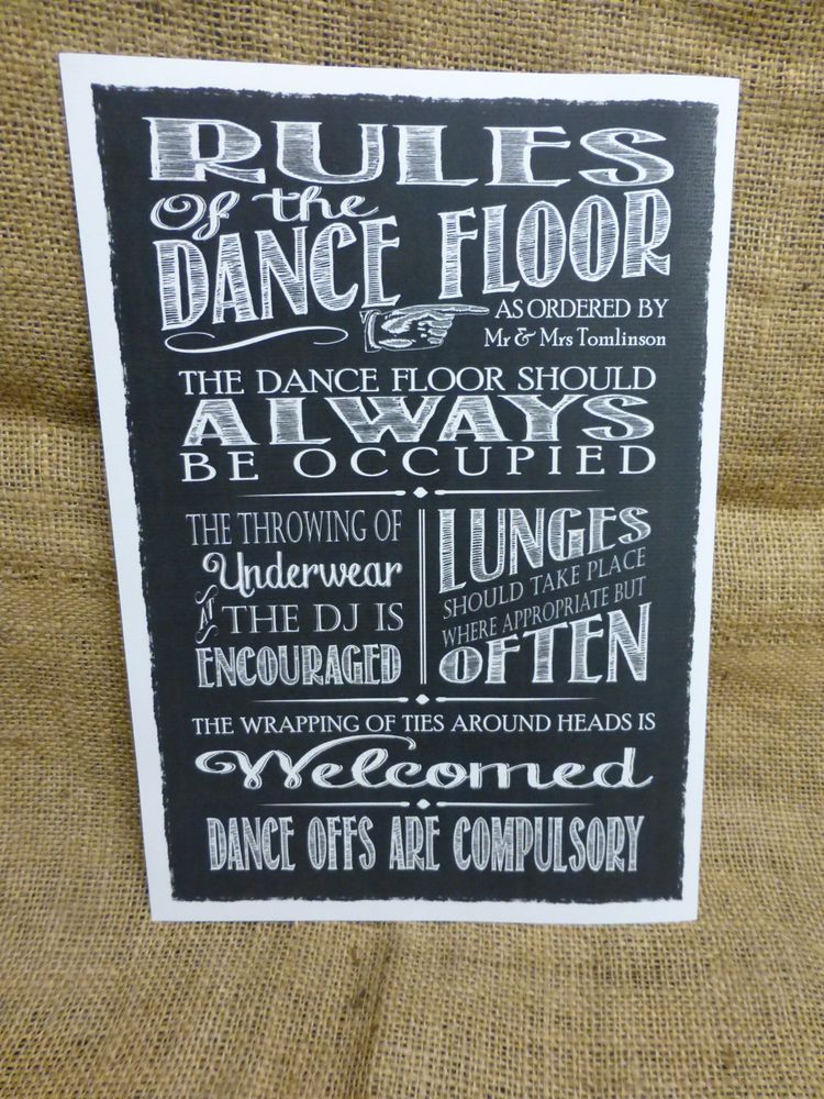 Personalised Chalkboard Style Dance Floor Rules Sign Wedding Band Personalised Chalkboard Style Dance Floor Rules Sign Wedding Band Dj